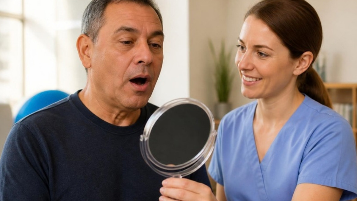 An adult man in a speech therapy session practicing with a hand mirror alongside a speech-language pathologist