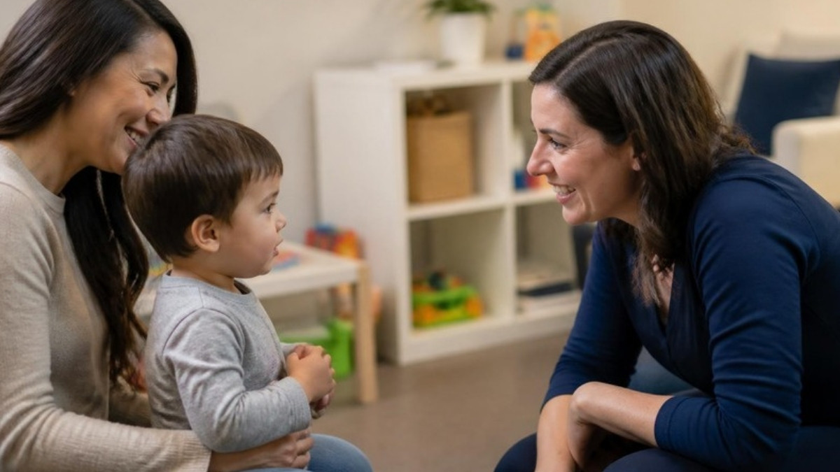 A parent and young child meeting a friendly speech-language pathologist for the first time