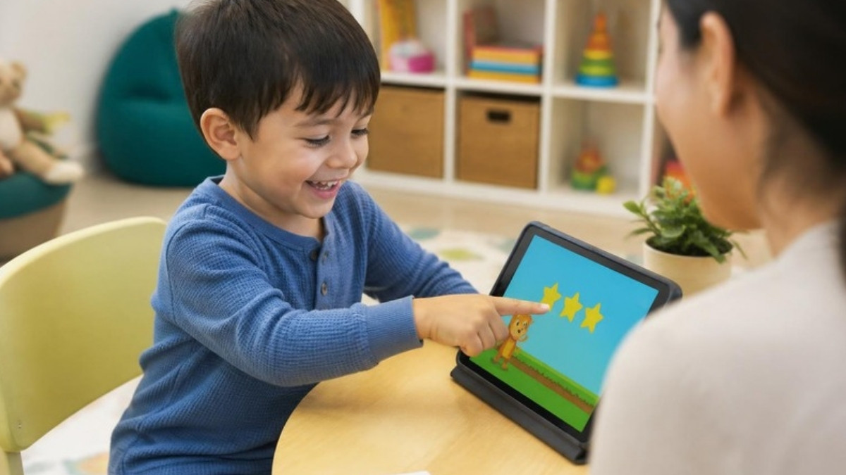 A young child smiling while doing a gamified speech therapy exercise on a tablet with a therapist