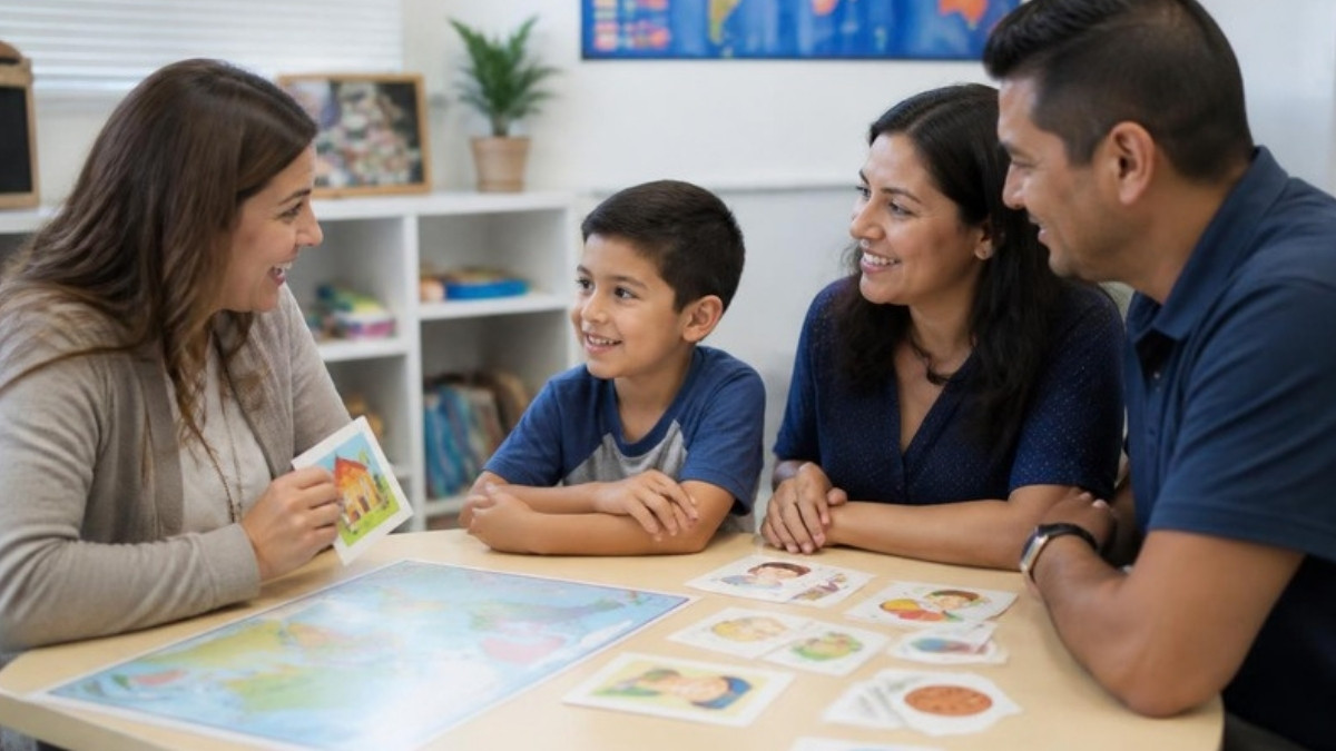 A speech-language pathologist having a warm bilingual conversation with a family and their child
