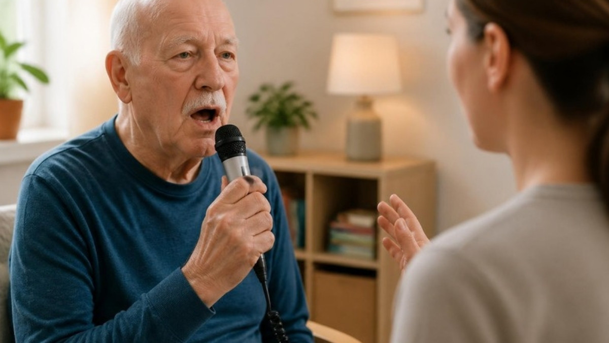 An elderly man with Parkinson's disease practicing voice exercises with a speech-language pathologist