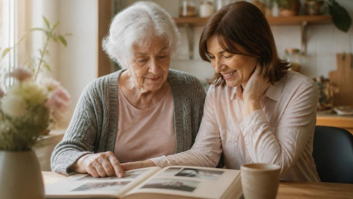 An elderly woman with primary progressive aphasia looking through a photo album with her adult daughter