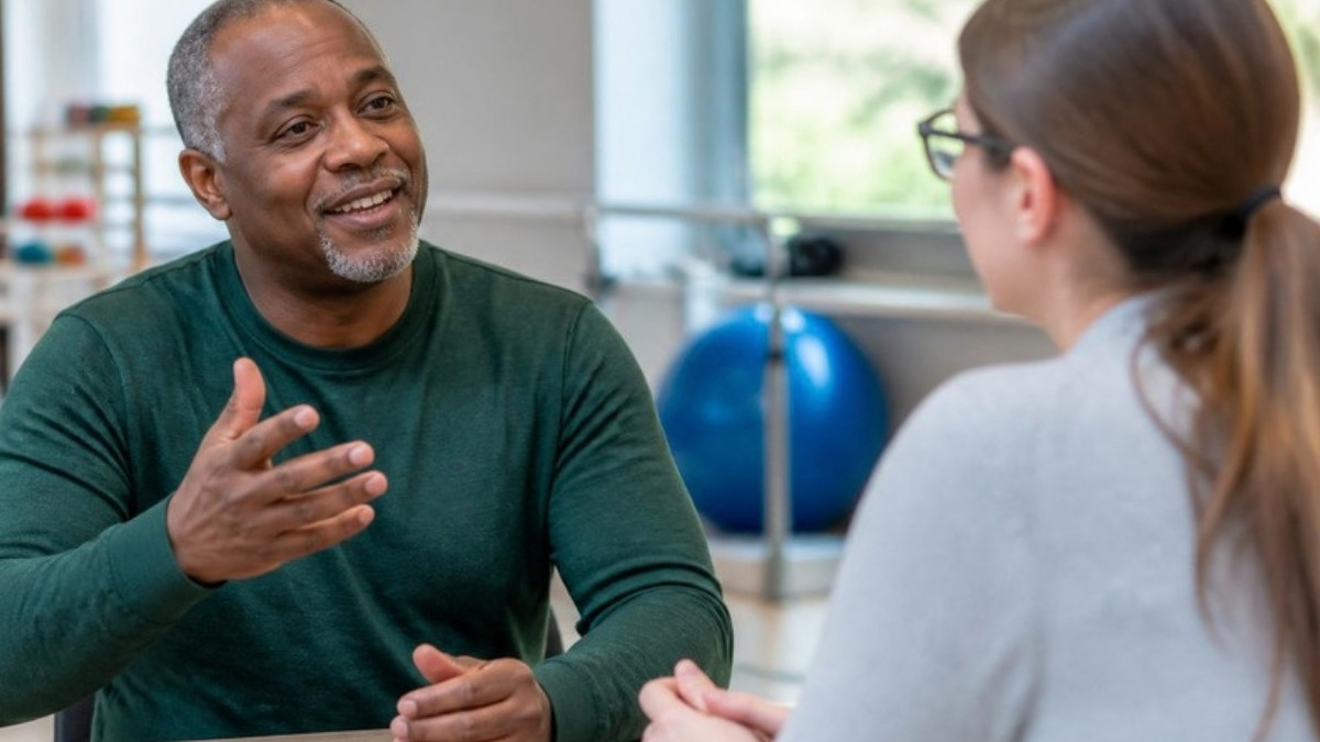 An adult stroke survivor in an animated conversation with a speech-language pathologist
