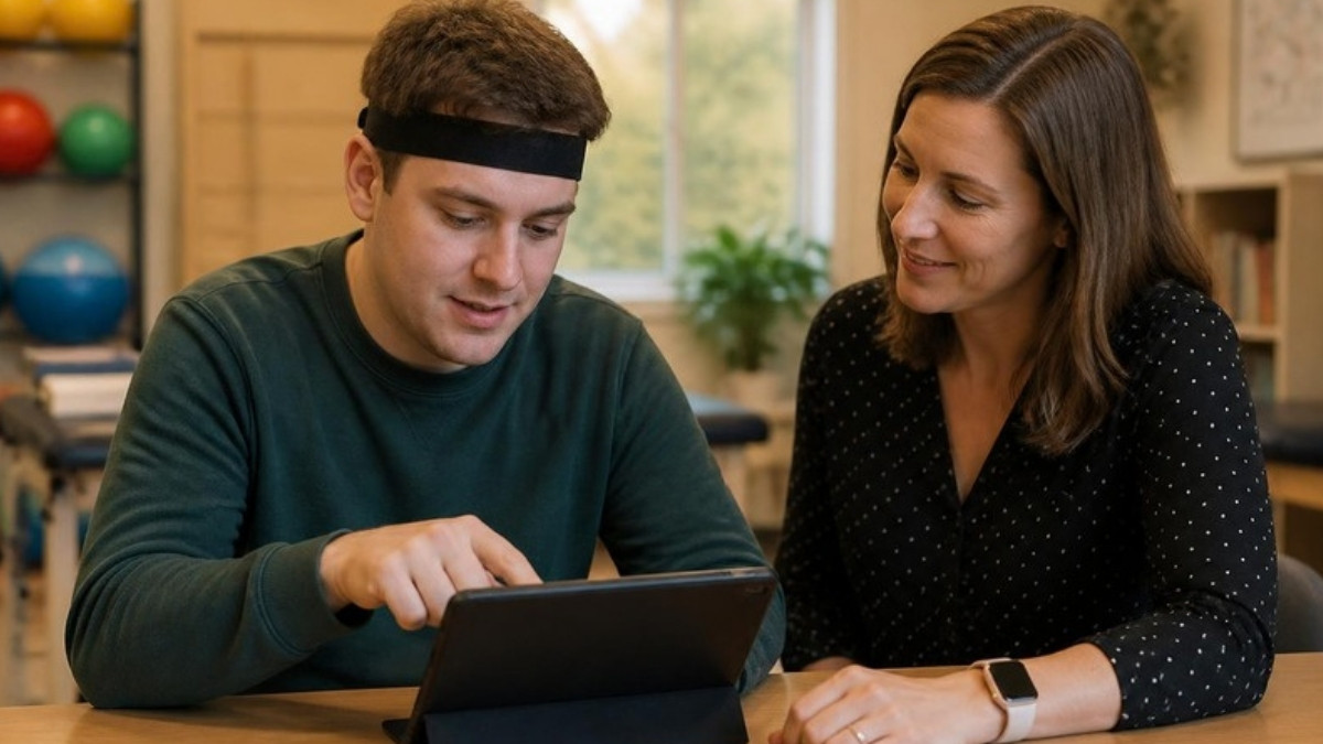 A young adult recovering from a traumatic brain injury working through a cognitive exercise with a therapist