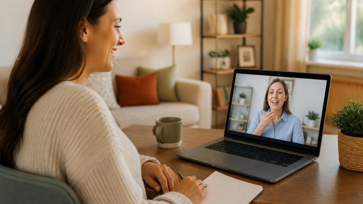 A woman having a video therapy session on her laptop at home