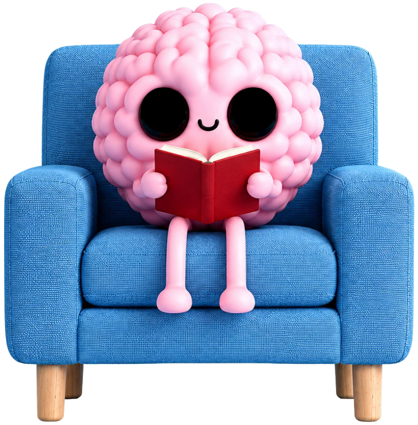A cute cartoon brain character reading a book in an armchair